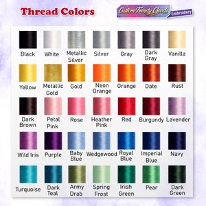 K&ouml;nnte beinhalten: Eine Farbkarte mit Garnfarben und den dazugeh&ouml;rigen Namen. Die Farben umfassen Schwarz, Wei&szlig;, Metallic-Silber, Silber, Grau, Dunkelgrau, Vanille, Gelb, Metallic-Gold, Gold, Neon-Orange, Orange, Dattel, Rost, Dunkelbraun, Bl&uuml;tenrosa, Rose, Heide-Rosa, Rot, Burgunder, Lavendel, Wilde Iris, Lila, Babyblau, Hellblau, K&ouml;nigsblau, Kaiserblau, Marineblau, T&uuml;rkis, Dunkelblau, Khaki, Fr&uuml;hlingsgr&uuml;n, Irisch Gr&uuml;n, Birne und Dunkelgr&uuml;n.