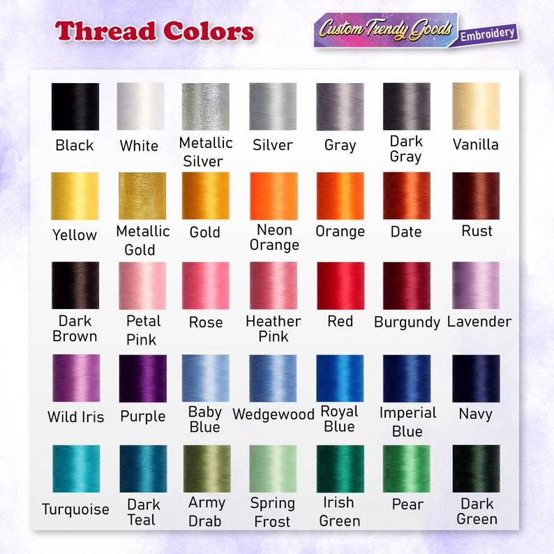 K&ouml;nnte beinhalten: Eine Farbkarte mit Garnfarben und den dazugeh&ouml;rigen Namen. Die Farben umfassen Schwarz, Wei&szlig;, Metallic-Silber, Silber, Grau, Dunkelgrau, Vanille, Gelb, Metallic-Gold, Gold, Neon-Orange, Orange, Dattel, Rost, Dunkelbraun, Bl&uuml;tenrosa, Rose, Heide-Rosa, Rot, Burgunder, Lavendel, Wilde Iris, Lila, Babyblau, Hellblau, K&ouml;nigsblau, Kaiserblau, Marineblau, T&uuml;rkis, Dunkelblau, Khaki, Fr&uuml;hlingsgr&uuml;n, Irisch Gr&uuml;n, Birne und Dunkelgr&uuml;n.