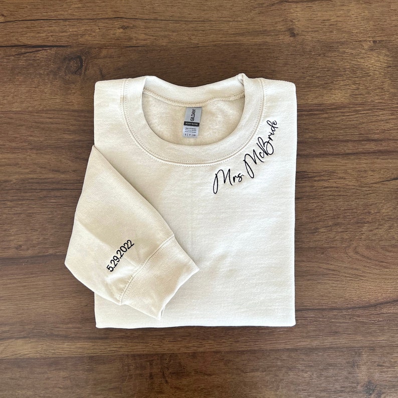 Custom Mrs. Embroidered Sweatshirt Date on Sleeve Name on - Etsy