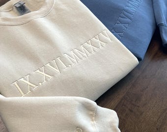 Custom Embroidered Roman Numeral Sweatshirt, Personalized Anniversary Date Hoodie, Matching Couple, Initial On Sleeve, Valentines Day Gift