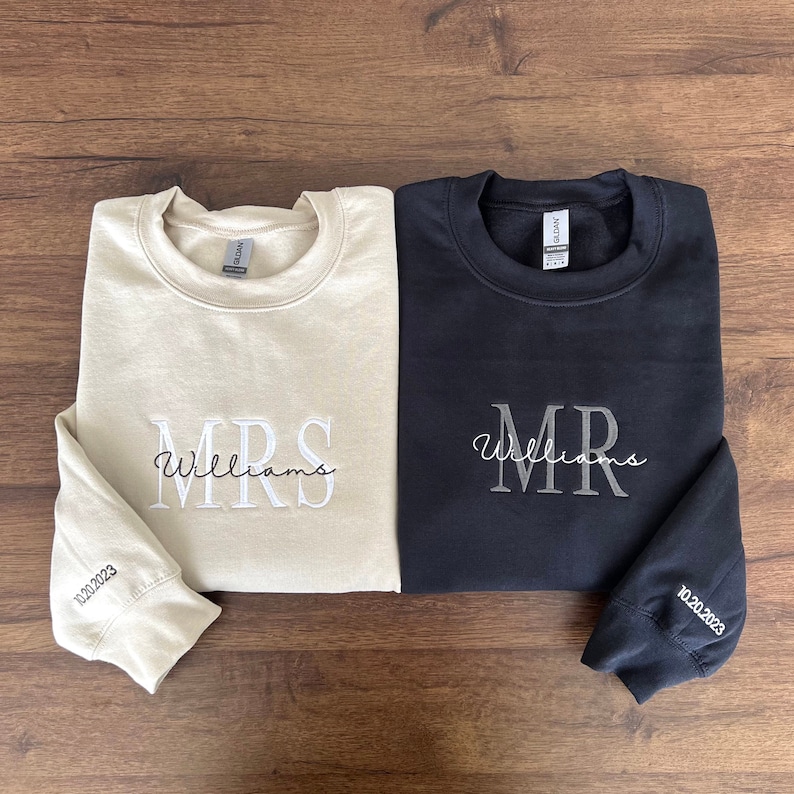 Custom Mrs. Embroidered Sweatshirt, Date On Sleeve, Hubby Wifey, Gift For Bride, Future Mrs. and Mr. Hoodie, Engagement Gift, Bride To Be image 1