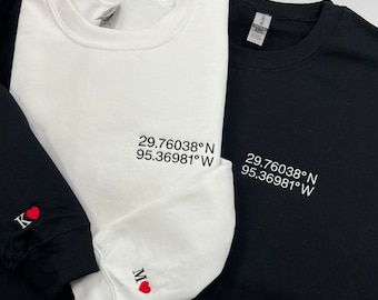 Custom Embroidered Location Coordinates Sweatshirt, Couple Shirt Initial On Sleeve, Anniversary Gift, GPS Coordinate, Valentine's Day Gift