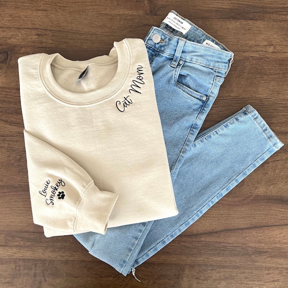 Cat Mom Embroidered Sweatshirt, Custom Mama Shirt With Pet Names, Cat Mom On Neckline, Paw On Sleeve, Gift For Cat Mom, Mother's Day Gift