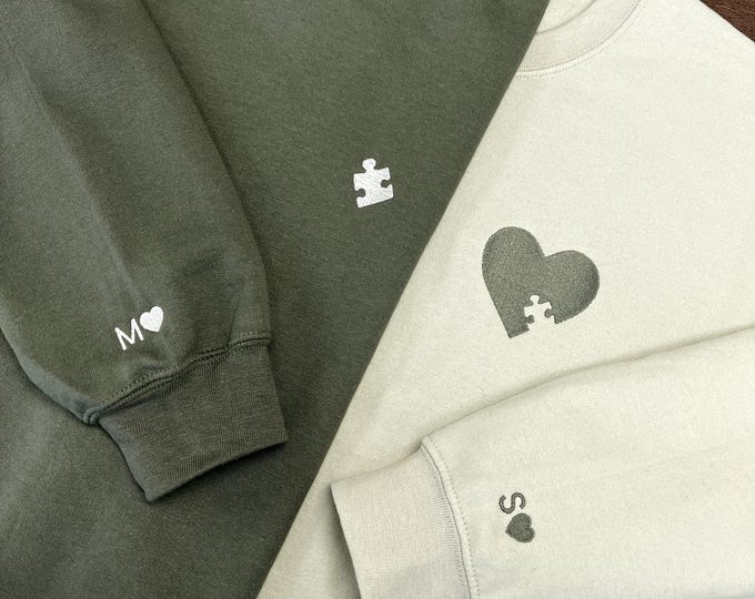 Custom Embroidered Heart and Puzzle Piece Sweatshirt, Initial With Heart On Sleeve, Anniversary Gift, Couple Hoodie, Valentines Day Gift