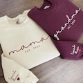 Custom Embroidered Sweatshirt, Name On Sleeve With Heart, Mama Est Year Shirt, Grandma Shirt With Date, Gift For New Mom, Mothers Day Gift