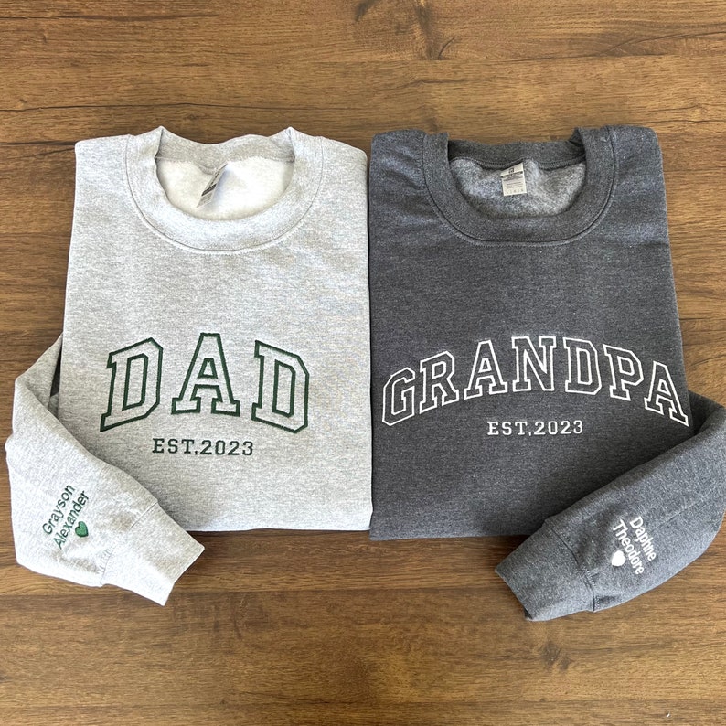 Custom Embroidered Sweatshirt, Name On Sleeve With Heart, Grandpa Shirt With Date, Daddy Est Year Shirt, Gift For New Dad, Father's Day Gift image 2