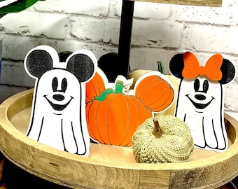Disney Halloween Ghosts & Pumpkins Tiered Tray Decor Disney Theme Thanksgiving or Fall Shelf Sitter Wood Decor Disney Home Decor Gifts