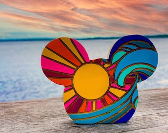 Large Disney Wood Home Decor Sunrise Sunset Mickey Tiered Tray Decor, Disney Shelf Sitters Disney Beach Decorations Disney Gifts