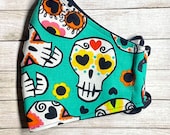 Day of the Dead Teal Sugar Skull Face Mask - Dia de Los Muertos Face Mask - Teal Skull Mask