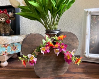 Solid Wood Mouse Ear Shelf Sitter | Floral Spring Summer Decor | Chunky Wood Design | Tiered Tray Accent | Disney Inspired Rustic Decor