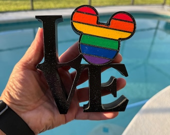 Mickey-Inspired Rainbow LOVE Shelf Sitter | Hand-Painted Wood Decor | Pride-Inspired Home Accent | Cruise Fish Extender Gift