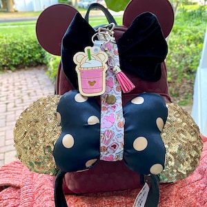 Pink Treats Disney Ear Holder For Backpack Minnie Mouse Ear Saver W/ Custom Charm Ears Saver Mickey Ears Holder Wristlet Keychain Holder