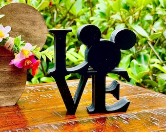 Mickey Love Shelf Sitter | Wooden “LOVE” Sign with Mouse Ears | Minimalist Disney-Inspired Decor | Laser Cut Wood Sign