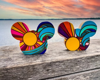 Disney Wood Home Decor Sunrise Sunset Mickey Disney Tiered Tray Decor, Disney Shelf Sitters Disney Beach Decorations Disney Gifts