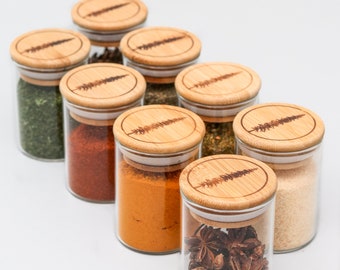 Glass Spice Jars Set of 8 with Bamboo Lids, 150ml / 5oz (Stash Jar, Smell Proof Jar, Apothecary Jars)