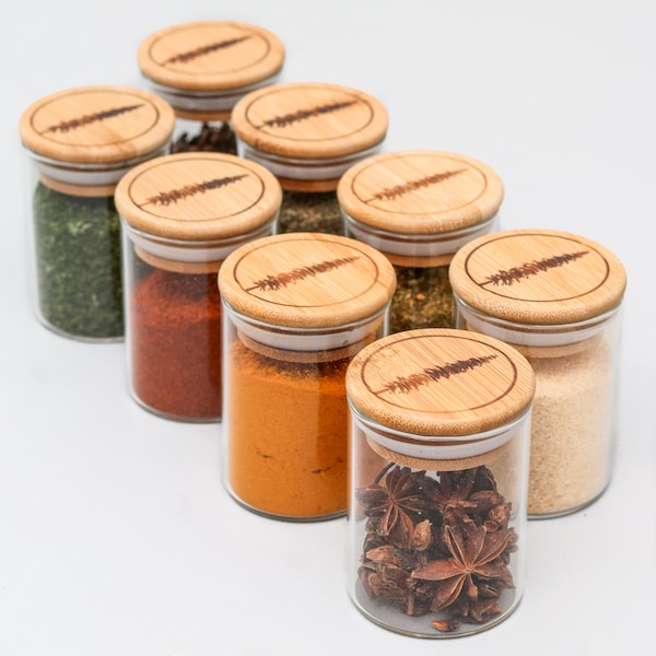 Glass Spice Jars Set of 8 with Bamboo Lids, 150ml / 5oz (Stash Jar, Smell Proof Jar, Apothecary Jars)