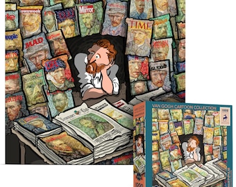 May include: A 1000-piece jigsaw puzzle featuring a cartoon illustration of Vincent van Gogh surrounded by magazine covers. The puzzle box shows the same image. Magazines include "Forbes", "Time", and "Newsweek". The puzzle is part of the "Van Gogh Cartoon Collection".