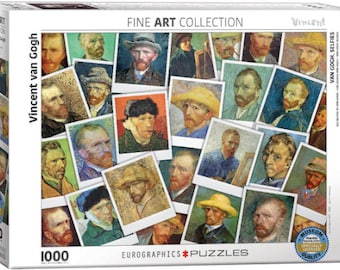 Könnte beinhalten: Ein 1000-teiliges Puzzle mit einem Collage von Selbstportraits von Vincent van Gogh. Die Schachtel des Puzzles trägt den Titel "Vincent van Gogh, Selfies" und den Text "Fine Art Collection".