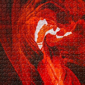 K&ouml;nnte beinhalten: Ein abstraktes Puzzle mit einem wirbelnden Muster in Rot-, Wei&szlig;- und Schwarzt&ouml;nen.