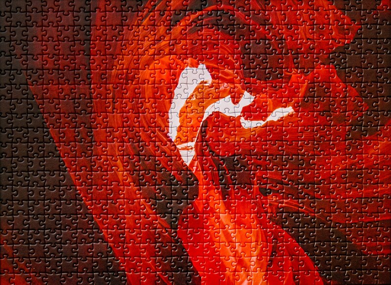 K&ouml;nnte beinhalten: Ein abstraktes Puzzle mit einem wirbelnden Muster in Rot-, Wei&szlig;- und Schwarzt&ouml;nen.