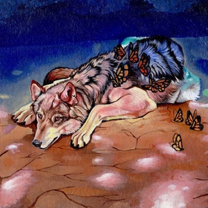 Wolf with visitors - animal art, original acrylic painting, animal art
