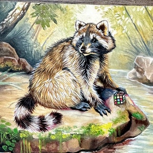 raton laveur art animal petite peinture originale poubelle panda rugby cube coaster