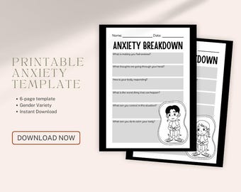 May include: Printable anxiety template with the text "ANXIETY BREAKDOWN" and prompts to identify anxious feelings. Includes a 6-page template, gender variety, and instant download. Features a black and white illustration of a person.
