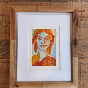 Original Framed Watercolor Portrait: Woman with Autumn Leaves