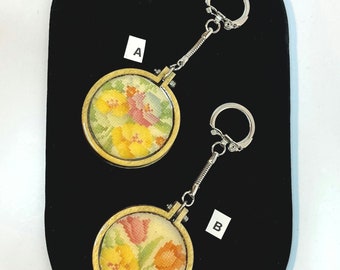 Keychains from a vintage plate in miniature embroidery hoops