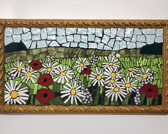 Wildflowers Mosaic Made of Broken Dishes in Gold Frame