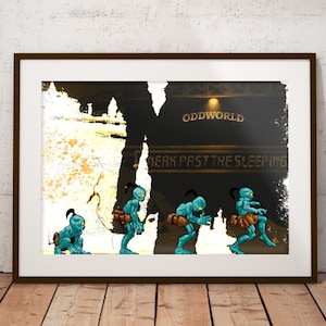 May include: A framed print of a video game scene featuring blue characters with brown accents. The characters are walking in a line. The background is a dark, textured scene with the words "Oddworld" and "Sneak Past The Sleeping" visible.