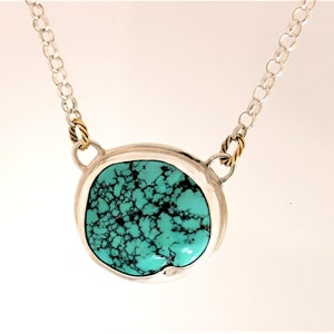Turquoise and Sterling Silver Neckpiece, Necklace,  with 18K Gold Twisted Jump Rings