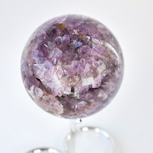 Amethyst Geode Sphere | Natural Amethyst Crystal ball on Heart Chrome Stand | Polished Amethyst Geode