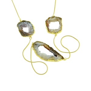 Unique Oco Agate Geode Necklace | Natural Druzy Necklace | Long Chain Agate Gold and Silver Necklace