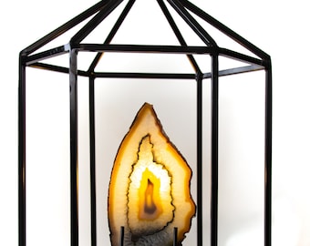 Agate Slice Table Lamp in Black Steel Cage: Crystal Decor