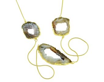 Unique Oco Agate Geode Necklace | Natural Druzy Necklace | Long Chain Agate Gold and Silver Necklace