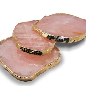 Rose Quartz coaster | Sold individually | Gold finish edges | Natural stone coasters