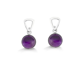 Brincos de ametista com cabochão redondo em prata de lei | Brincos pendentes de ametista