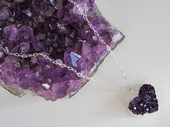 Amethyst Cluster Heart Necklace | Heart Amethyst Pendant with Heart chain | Heart Crystal Necklace