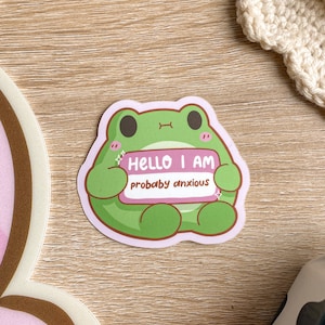 Op de afbeelding: Een groene kikker cartoon sticker met een roze naamsticker waarop staat "Hallo, ik ben waarschijnlijk angstig".