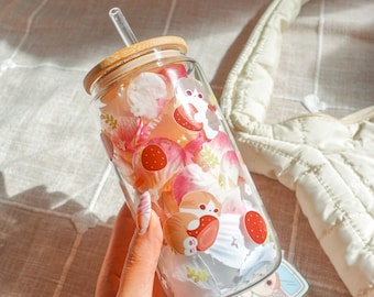 Strawberry Cat Glass Cup | Kawaii Cat Glass Cup | Aesthetic 16oz Coffee Glass with lid and straw, Christmas gift ideas for her