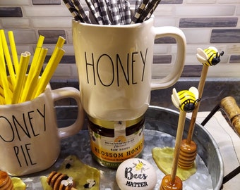 Honey Dipper w/FAKE Honey, pairs with Rae Dunn, Tiered Tray, Bumble Bee Decor, Honey Bee Display, Kitchen Decor, Fake Food, Farmhouse Decor