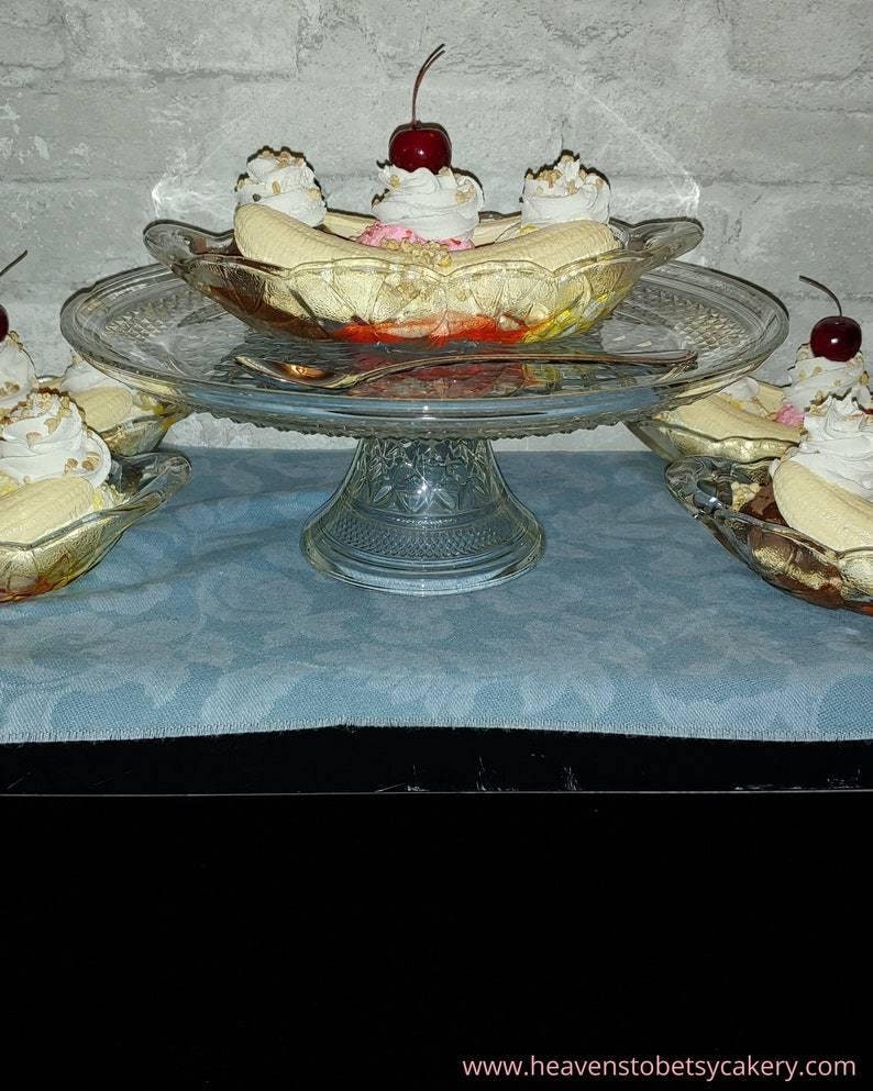 FAKE Banana Split Sundae in Vintage Heavy Glass Dessert Dish - Etsy, image size:794x993