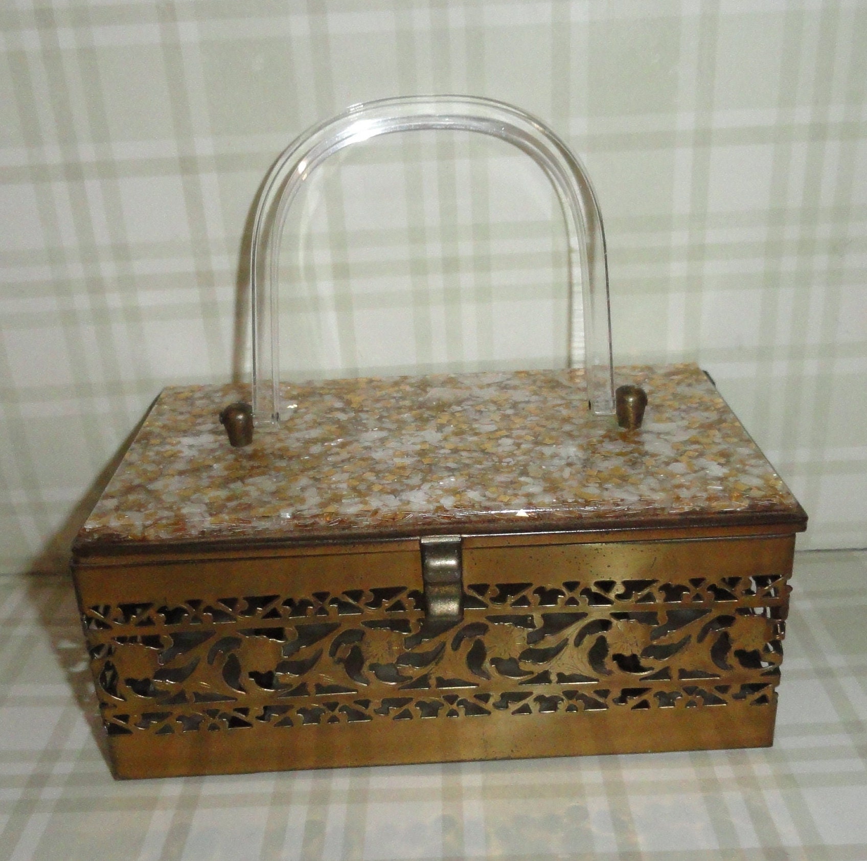 Vintage Stamped Metal Box Purse W/ Clear Lucite Hinged Lid & Single Handle  7×5