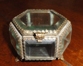 Hexagon, Beveled Footed Glass Jewelry Box