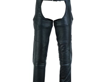 Unisex Black Premium Cowhide Four Pocket Biker Leather Chaps