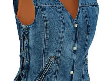 Womens Blue Denim V Neck with Snap Opening & Side Laces Motorcycle Vest