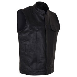May include: A black leather motorcycle vest with a stand-up collar, two large pockets on the front, and a zipper closure.