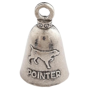 May include: Silver-colored bell charm with a loop at the top. The bell features a raised image of a dog and the word "POINTER" at the bottom. The charm is likely made of metal and has a vintage or antique appearance.