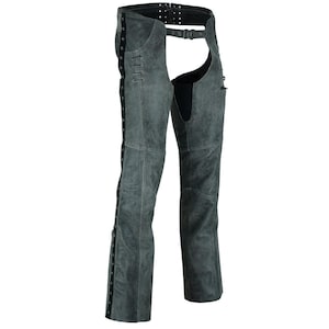 May include: Gray leather chaps with black stitching and a black belt. The chaps have a fringe detail on the sides and a zipper closure at the back.